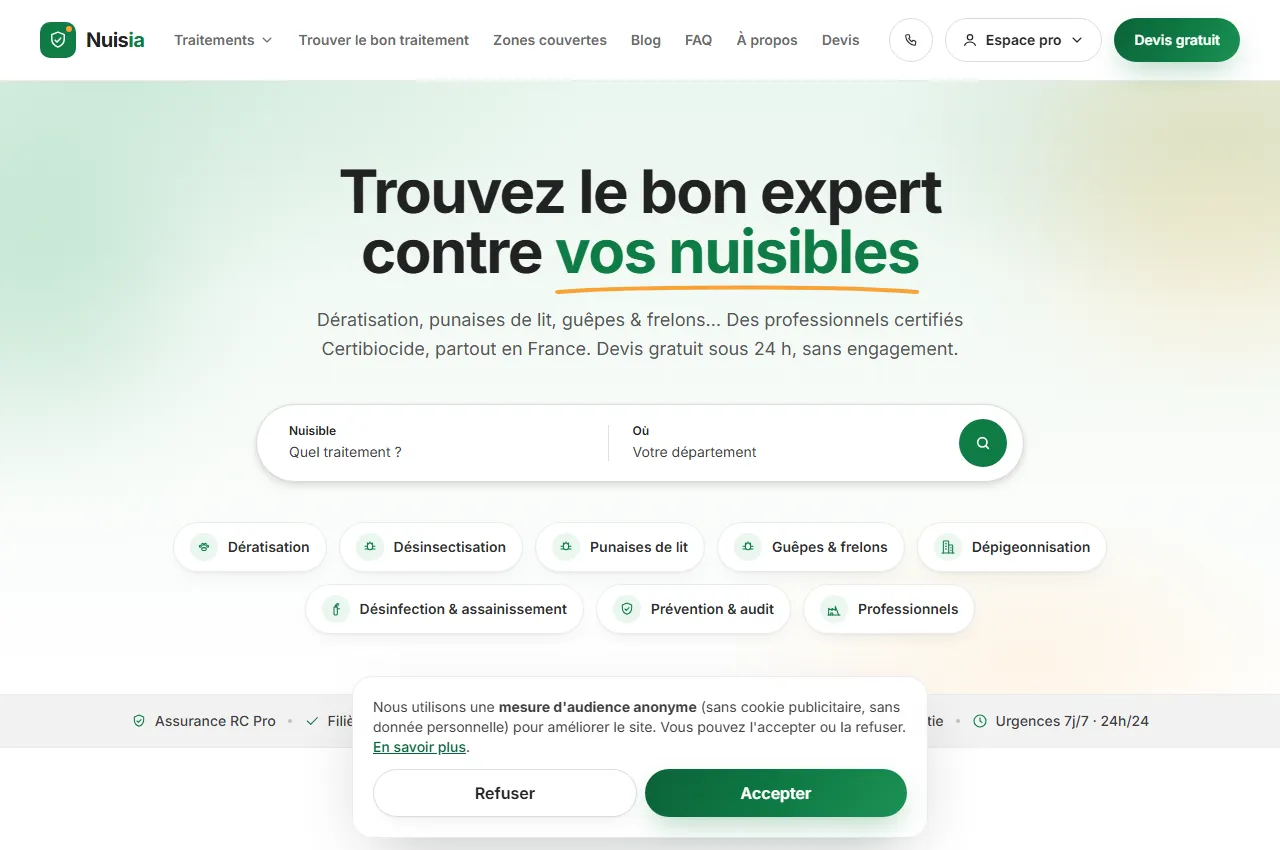 Nuisia — Site & SEO pour une plateforme antiparasitaire nationale