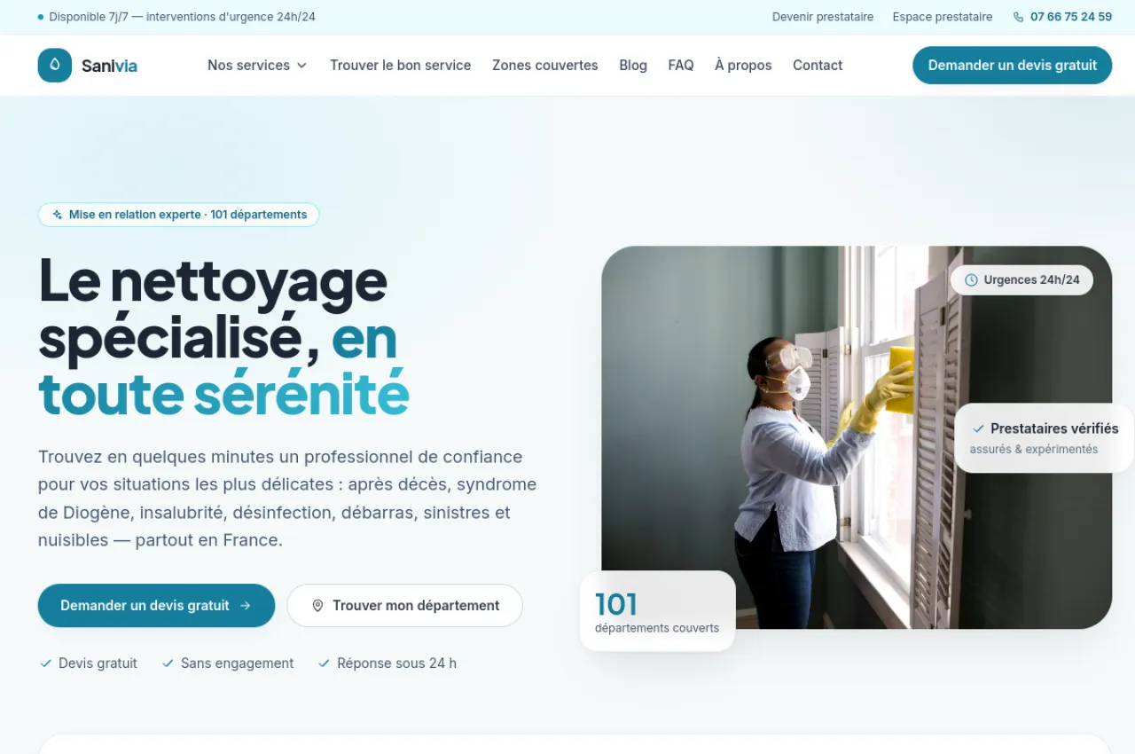 Sanivia — Site & SEO pour un réseau de nettoyage spécialisé