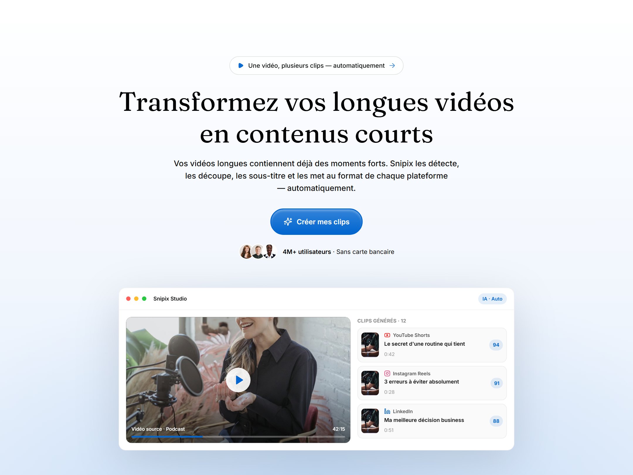 Snipix — landing outil de repurposing vidéo